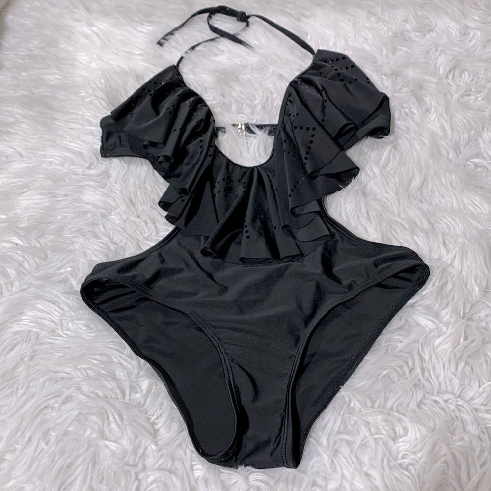 ONE PIECE swimsuit with ruffled plunging Vneck  tie at neck & a back strap sz L